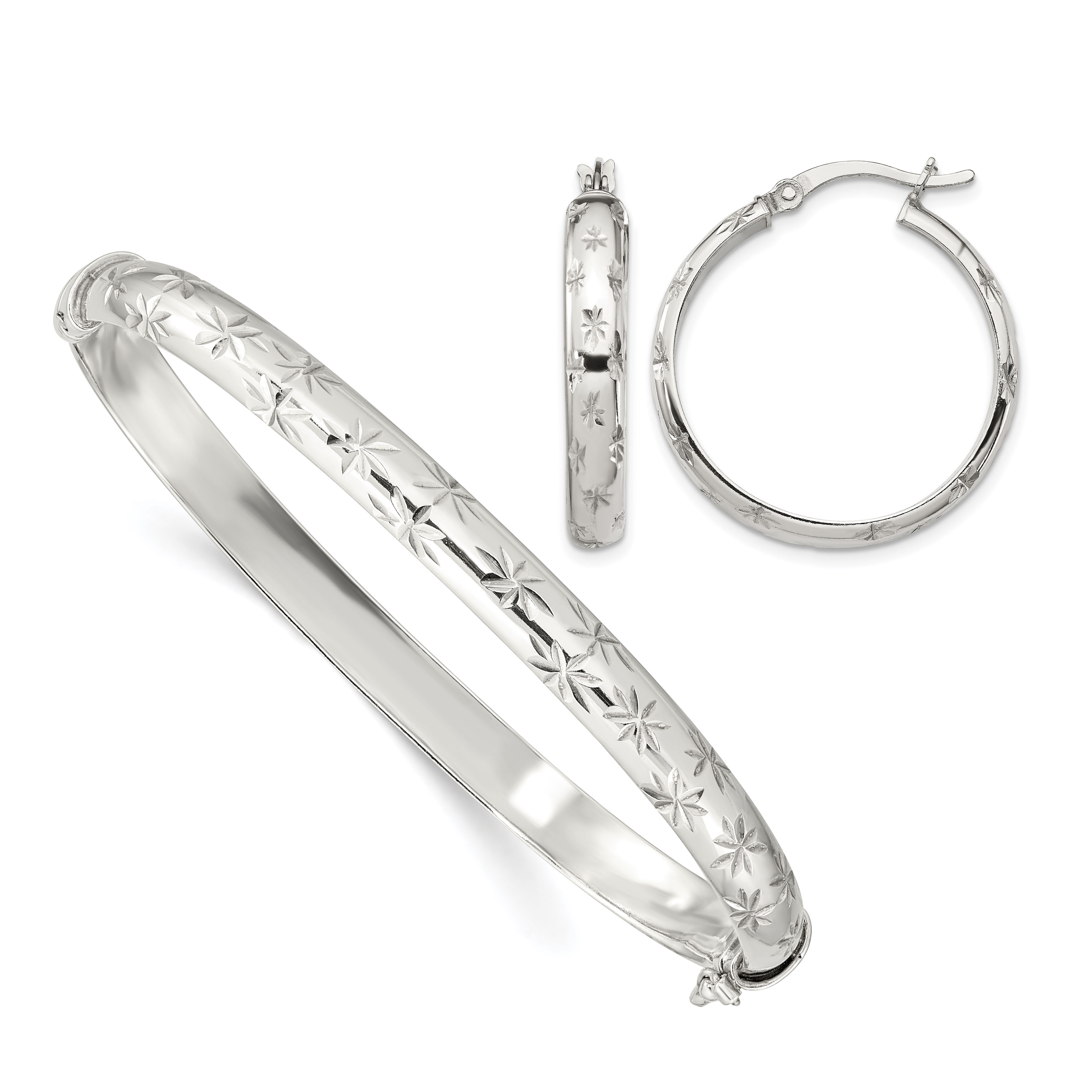 Sterling Silver D/C 6mm Bangle and 4mm Hoop Earring Set (QB1331SET)
