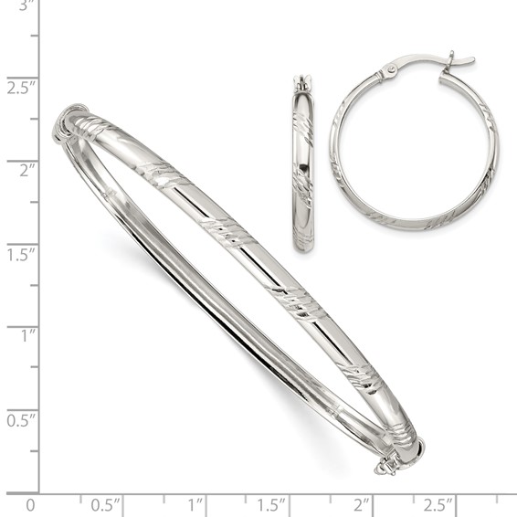 Sterling Silver Diamond-cut Earrings and Bangle Set