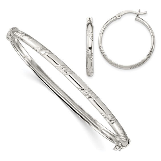 Sterling Silver Diamond-cut Earrings and Bangle Set