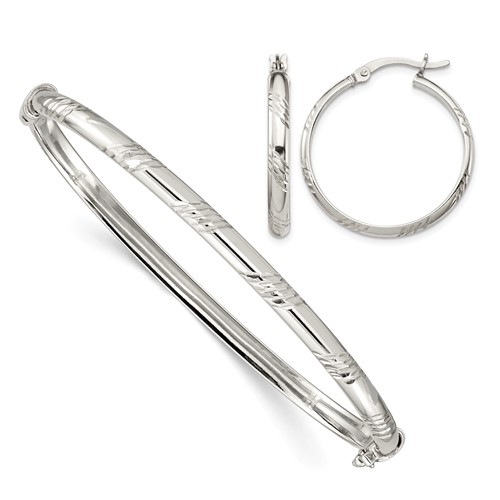 Sterling Silver Diamond-cut 4mm Hinged Bangle and 3x 25mm Hoop Earring Set