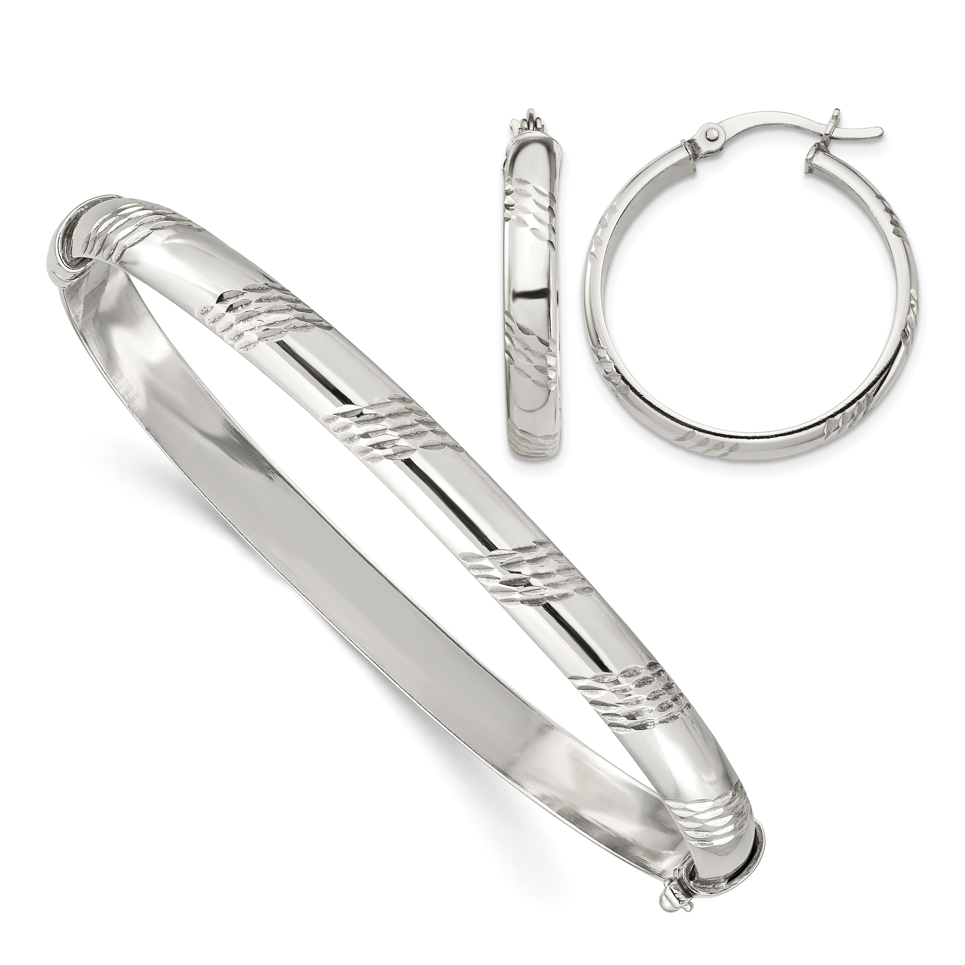 Sterling Silver D/C 6mm Bangle and 4mm Hoop Earring Set (QB1335SET)