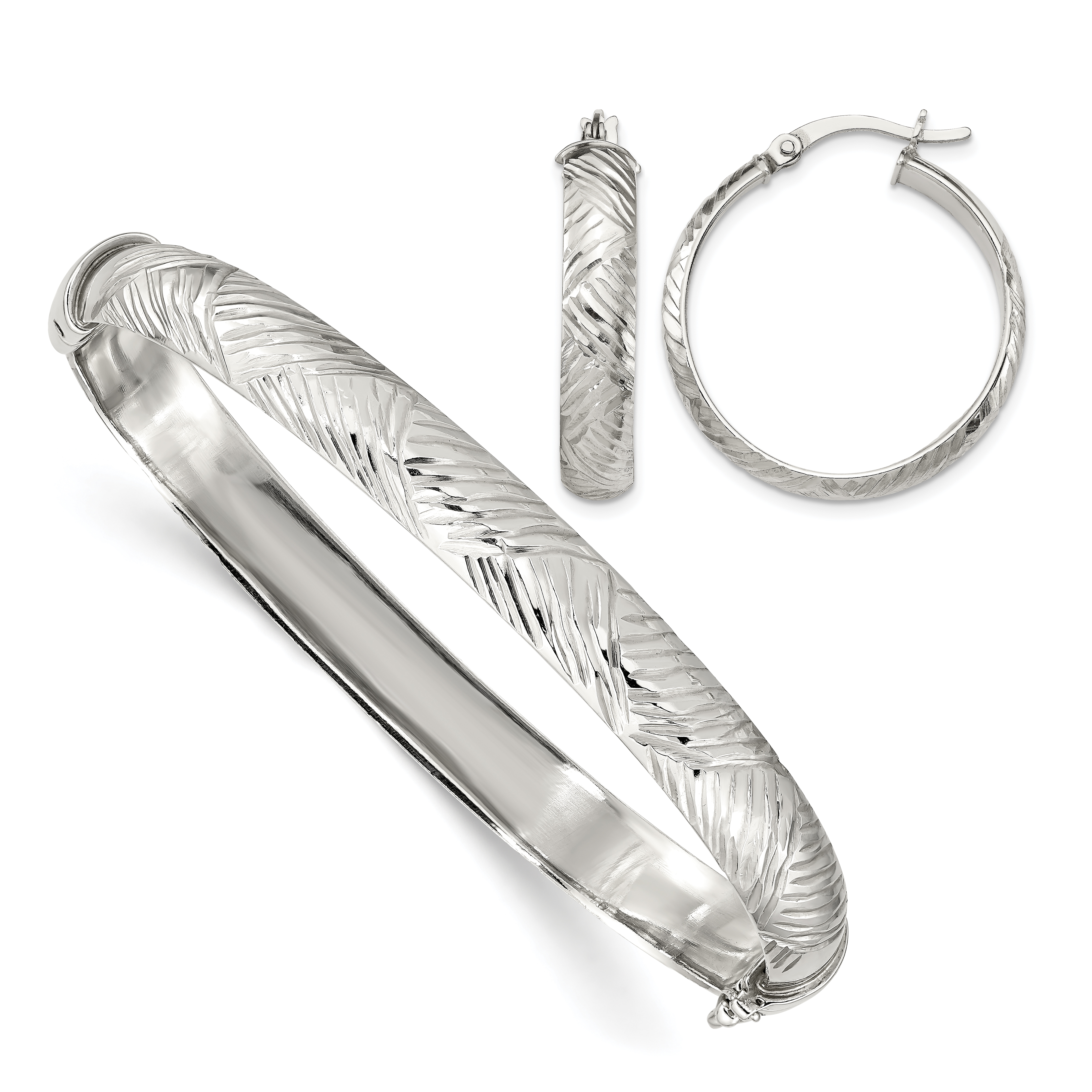 Sterling Silver D/C 7.5mm Bangle and 5mm Hoop Earring Set (QB1337SET)