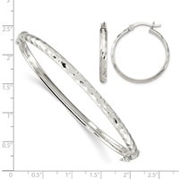 Sterling Silver Diamond-cut 4mm Hinged Bangle and 3x 25mm Hoop Earring Set view 4