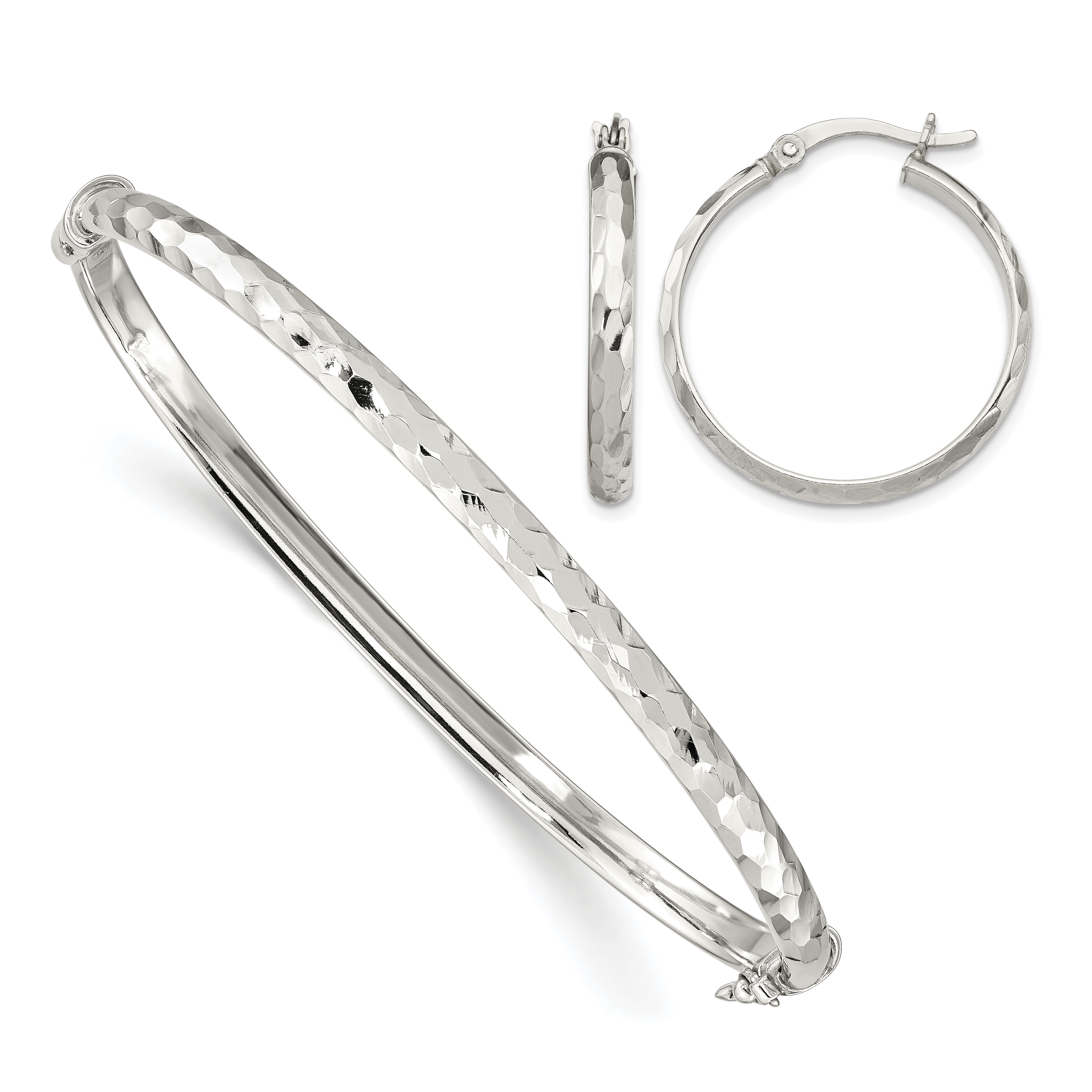 Sterling Silver D/C 4mm Bangle and 3mm Hoop Earring Set (QB1338SET)
