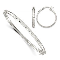 Sterling Silver Diamond-cut 4mm Hinged Bangle and 3x 25mm Hoop Earring Set view 1