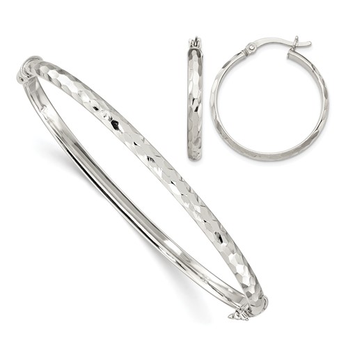 Sterling Silver Diamond-cut 4mm Hinged Bangle and 3x 25mm Hoop Earring Set