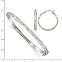 Sterling Silver Diamond-cut 4mm Hinged Bangle and 3x25mm Hoop Earring Set view 4