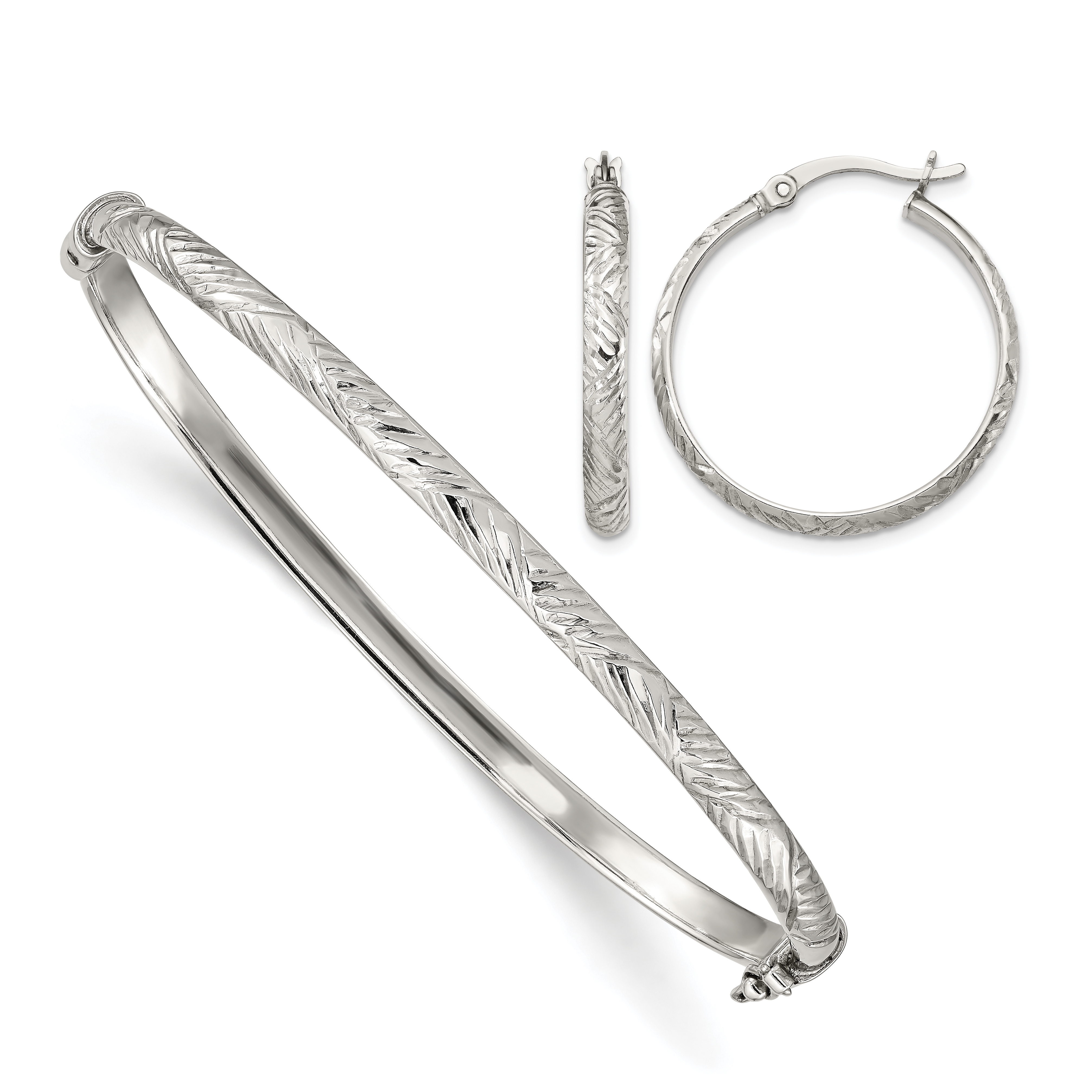 Sterling Silver D/C 4mm Bangle and 3mm Hoop Earring Set (QB1340SET)