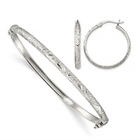 Sterling Silver Diamond-cut 4mm Hinged Bangle and 3x25mm Hoop Earring Set view 1
