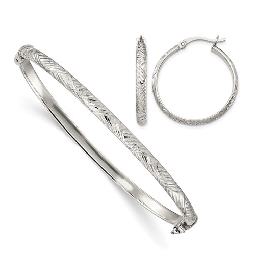Sterling Silver Diamond-cut 4mm Hinged Bangle and 3x 25mm Hoop Earring Set