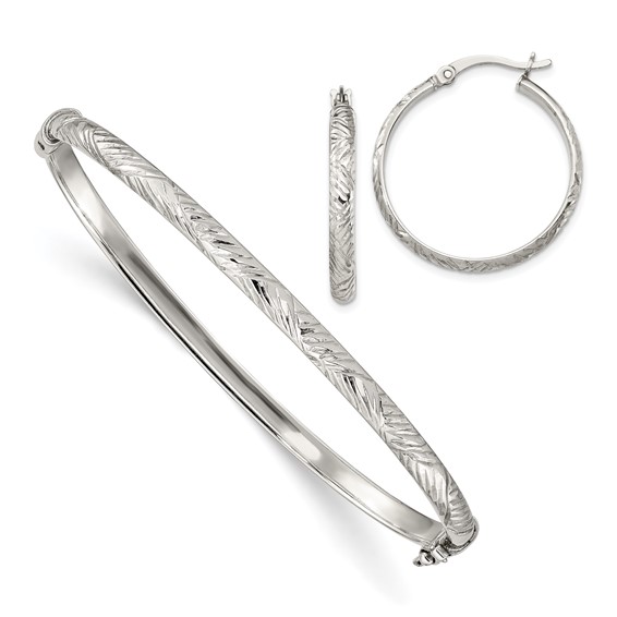 Sterling Silver D/C 4mm Bangle and 3mm Hoop Earring Set