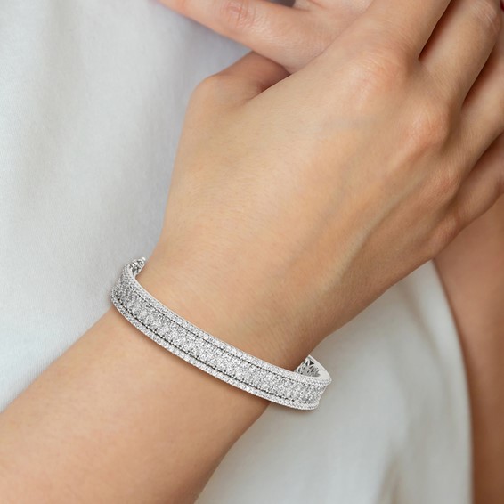 Sterling Shimmer Sterling Silver Rhodium-plated 215 Stone Pavé CZ Hinged Bangle Bracelet