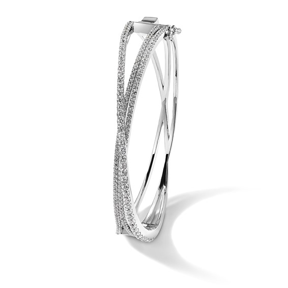 Sterling Shimmer Sterling Silver Rhodium-plated 177 Stone CZ Hinged Criss Cross Bangle Bracelet
