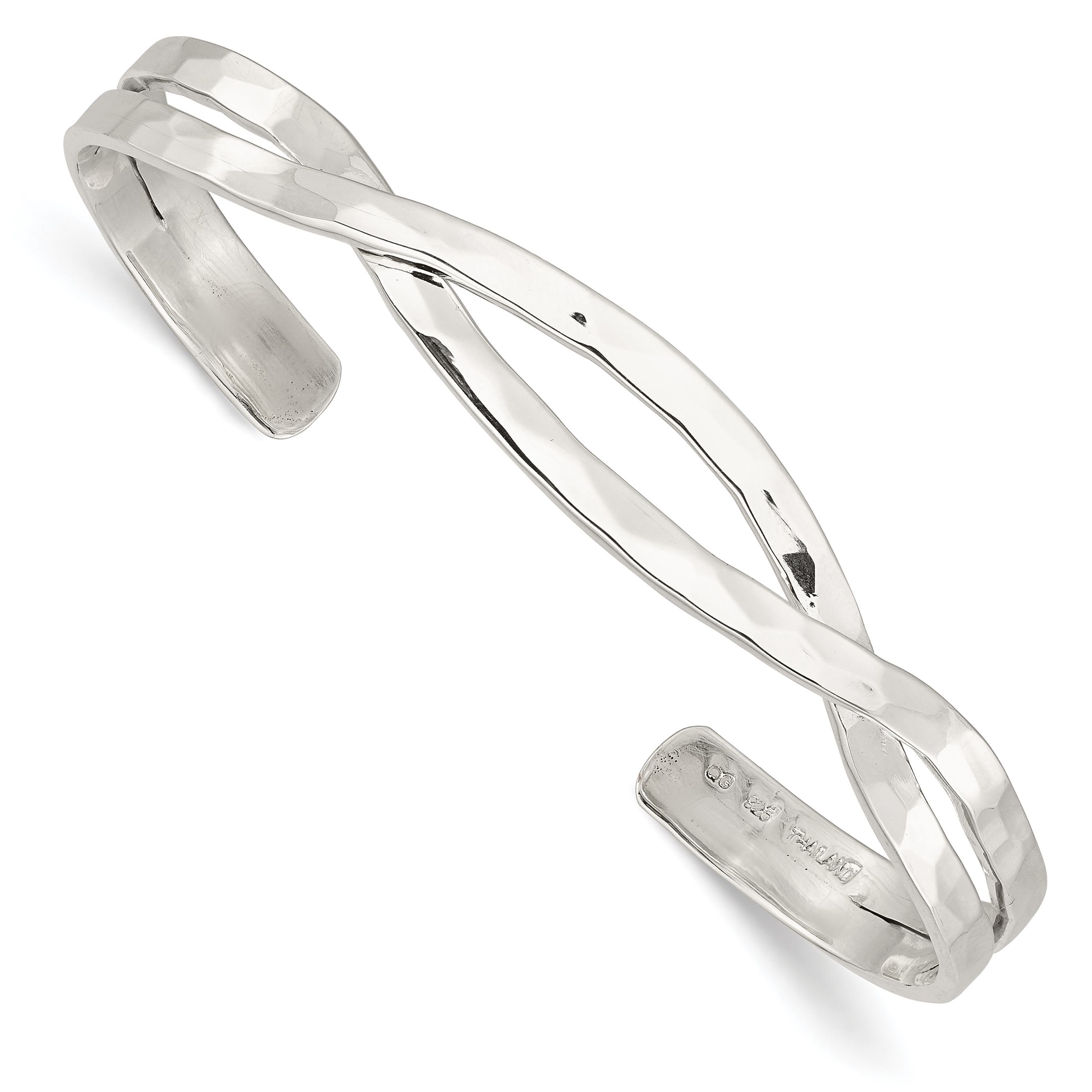 Sterling Silver Polished Hammered Criss Cross Cuff Bangle (QB1369)