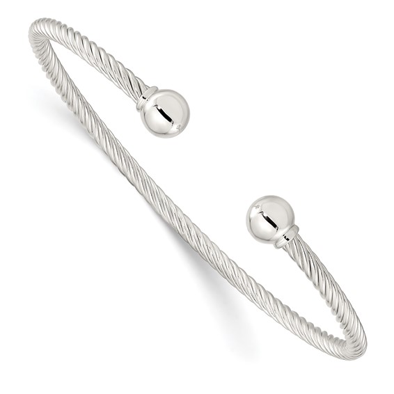 Sterling Silver Polished Twisted w/1 Thread Ball Cuff Bangle