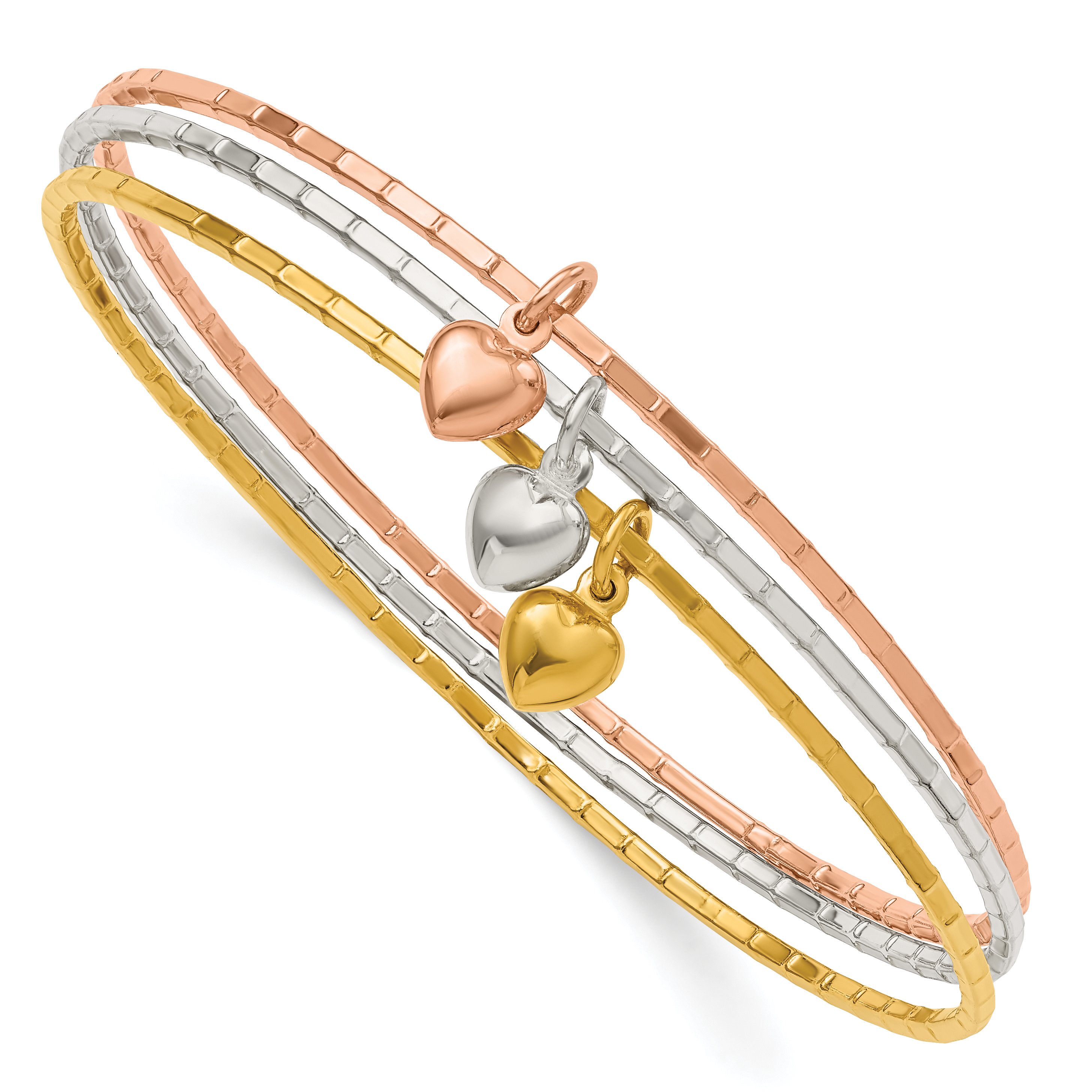 Sterling Silver/Gold-tone/Rose-tone w/Puffed Heart Bangle Set (QB1393)