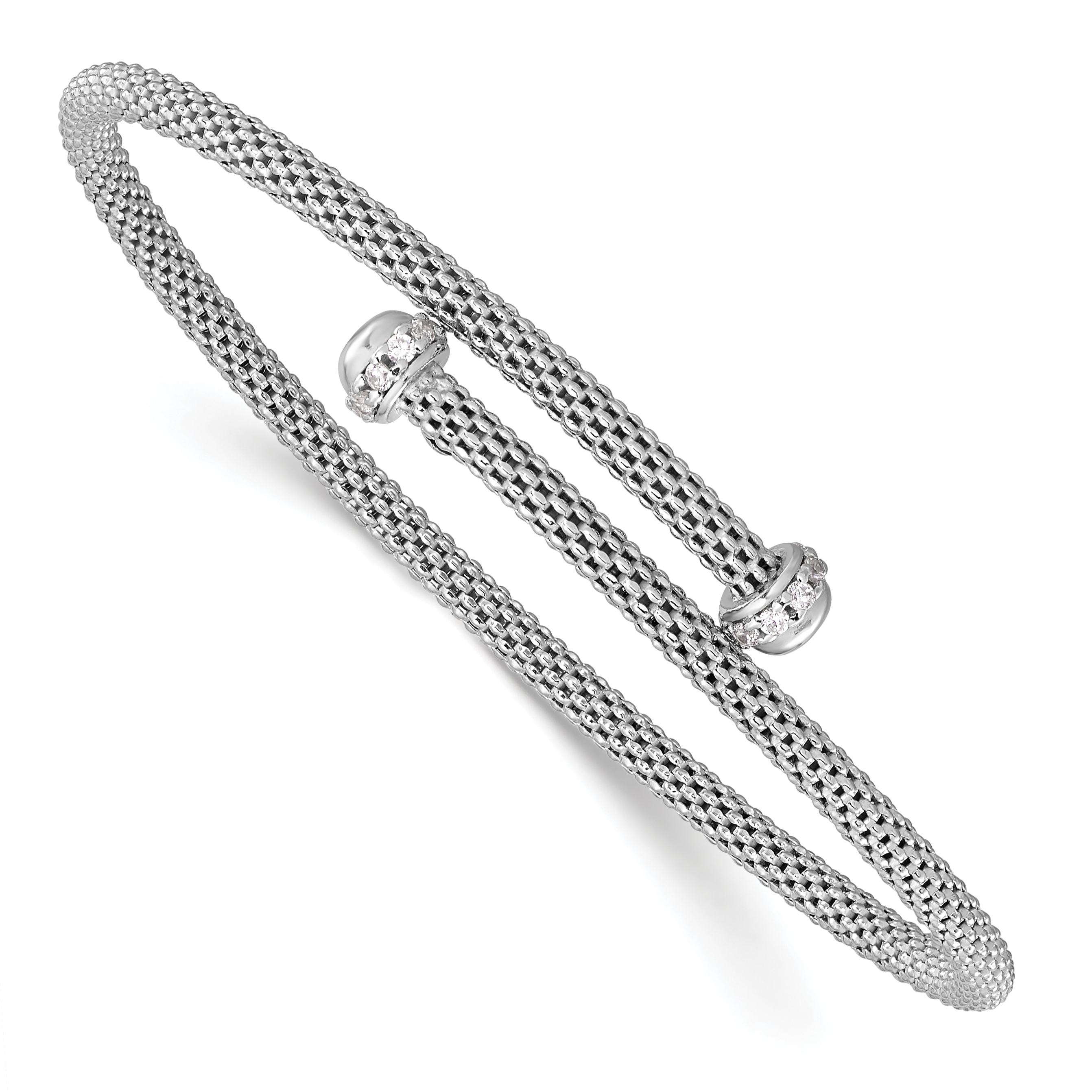 Sterling Silver Rhodium-plated Polished CZ Flexible Cuff Bangle (QB1438)