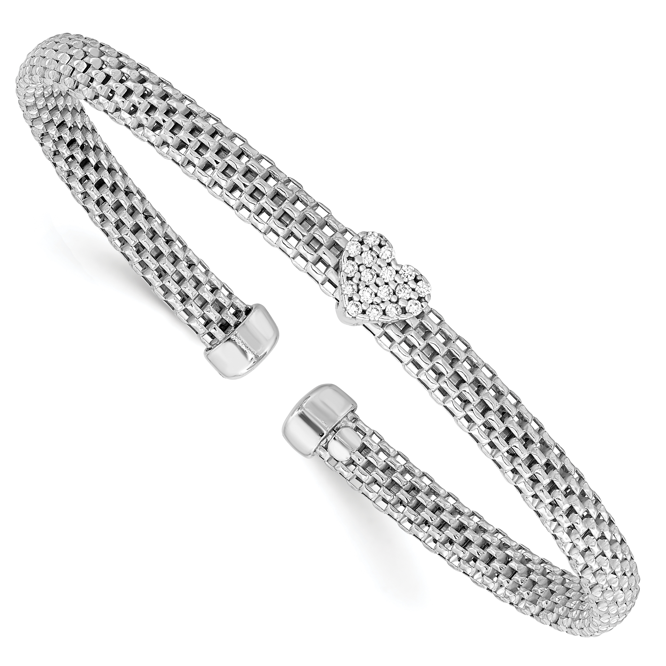 Sterling Silver Rhodium-plated Polished CZ Heart Mesh Cuff Bangle (QB1439)