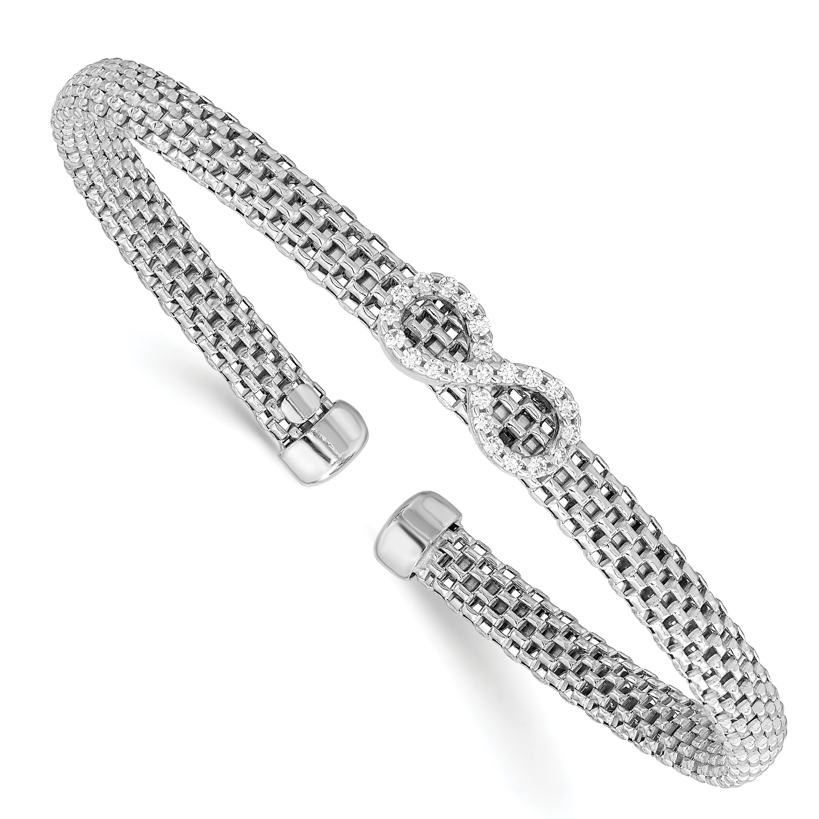 Sterling Silver Rhodium-plated Polished CZ Infinity Flexible Cuff Bangle (QB1440)