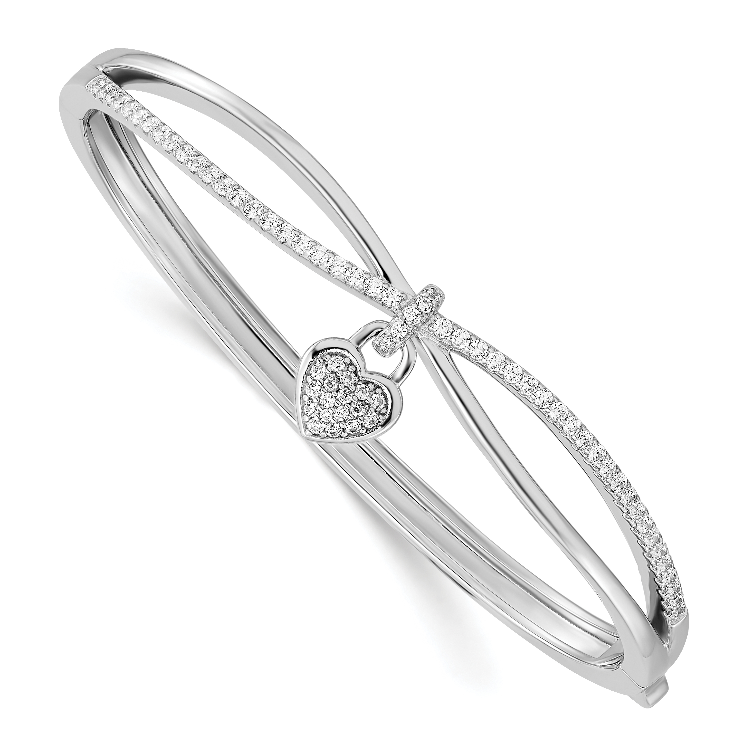 Sterling Silver Rhodium-plated CZ Heart Dangle Hinged Bangle (QB1442)
