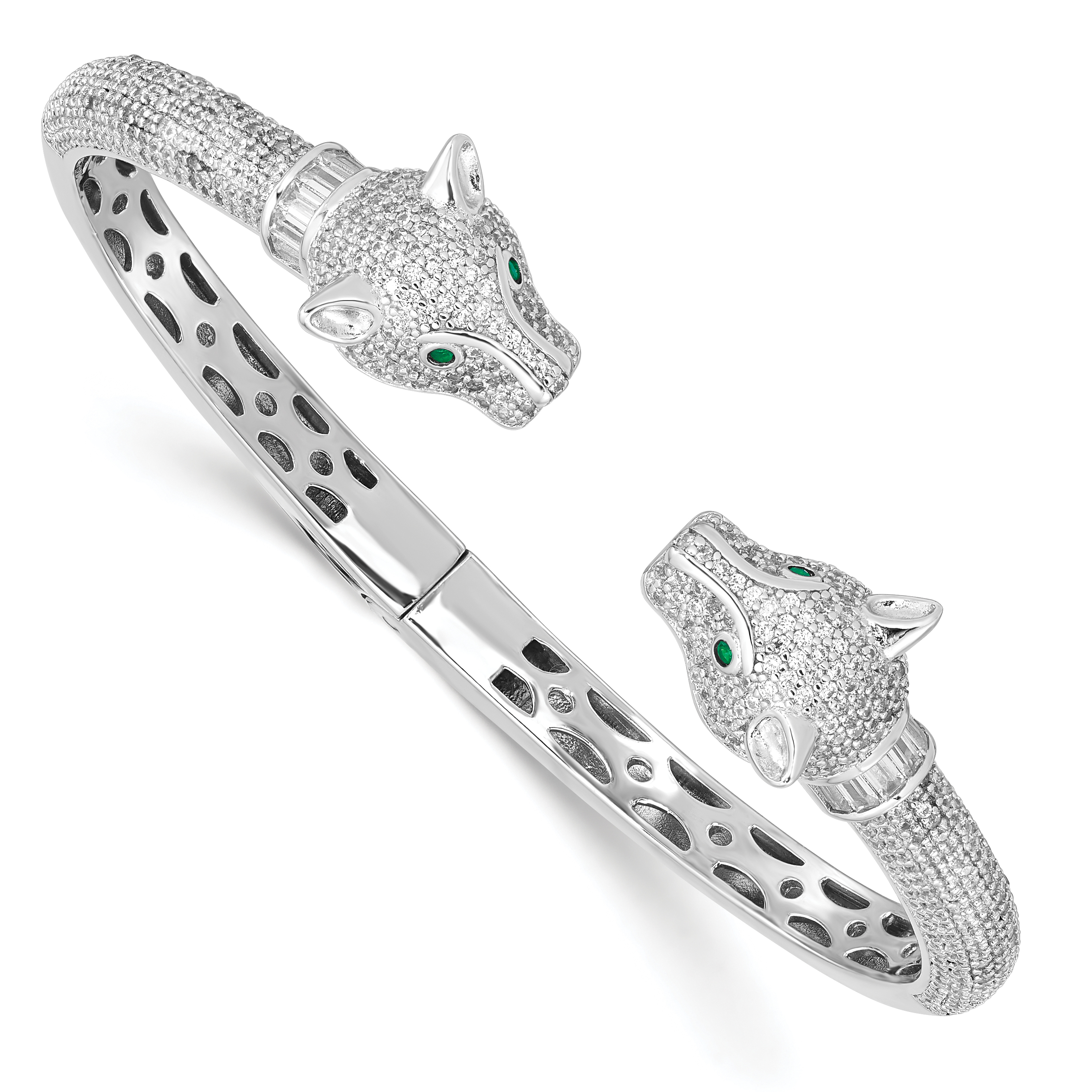Sterling Silver Rhodium-plated Polished CZ Lioness Hinged Cuff Bangle (QB1445)
