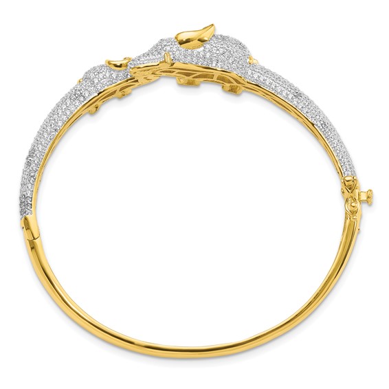 Sterling Silver RH-plated Gold-tone Mom and Baby CZ Elephants Hinged Bangle