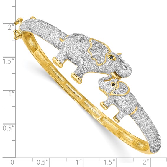 Sterling Silver RH-plated Gold-tone Mom and Baby CZ Elephants Hinged Bangle