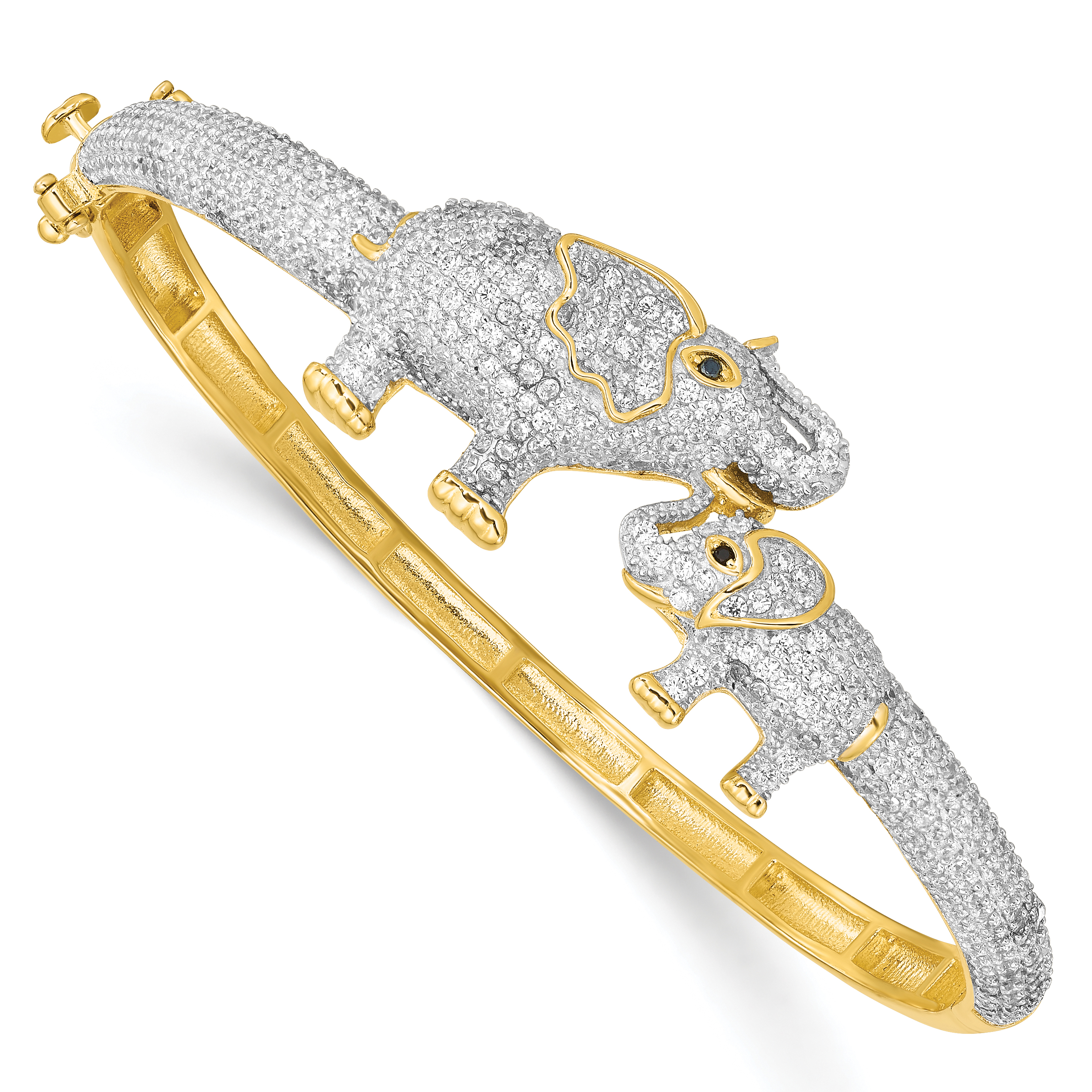Sterling Silver RH-plated Gold Tone Mom and Baby CZ Elephants Hinged Bangle (QB1446)
