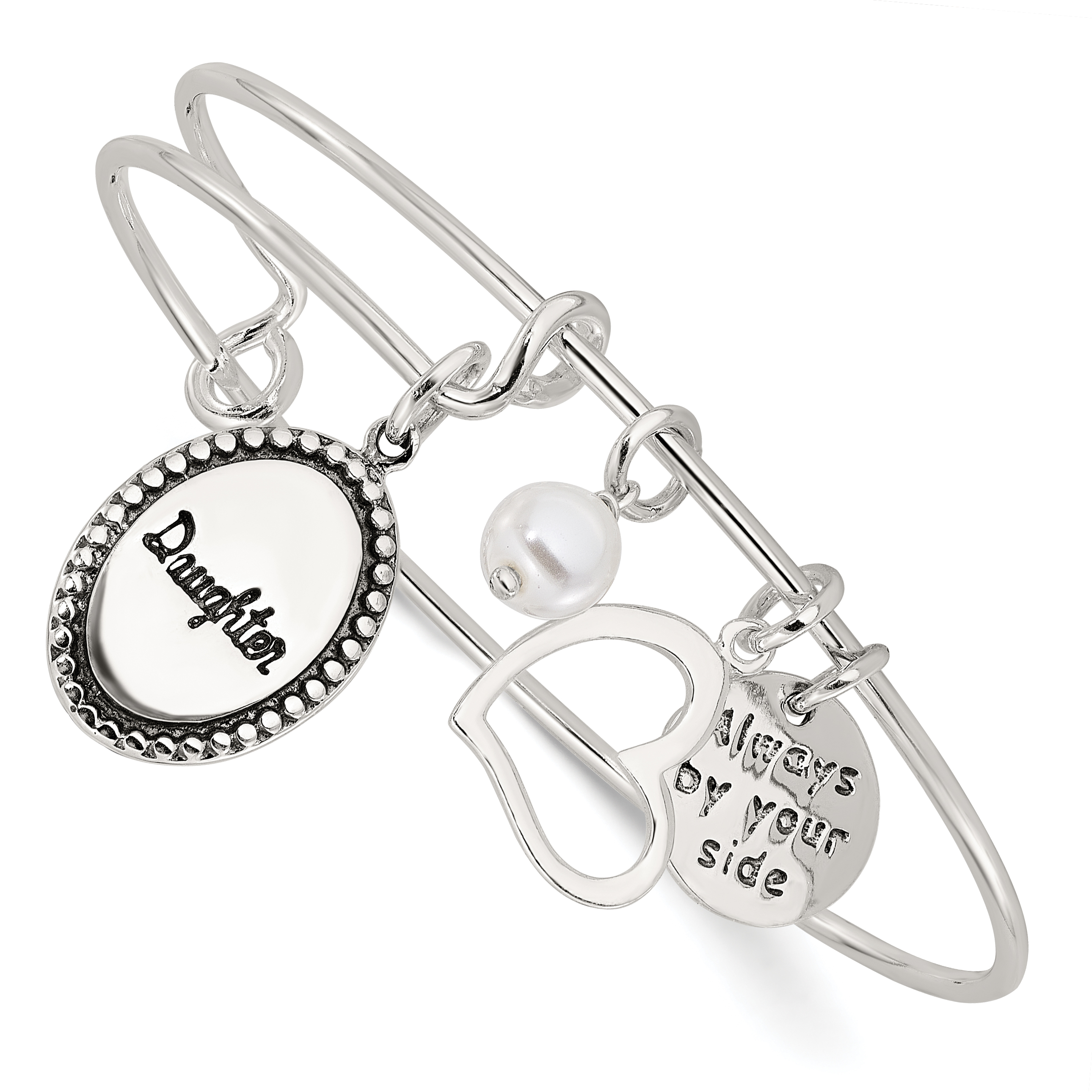 Sterling Silver Antiqued Syn. Pearl Daughter Charm Adjustable Bangle (QB1504)