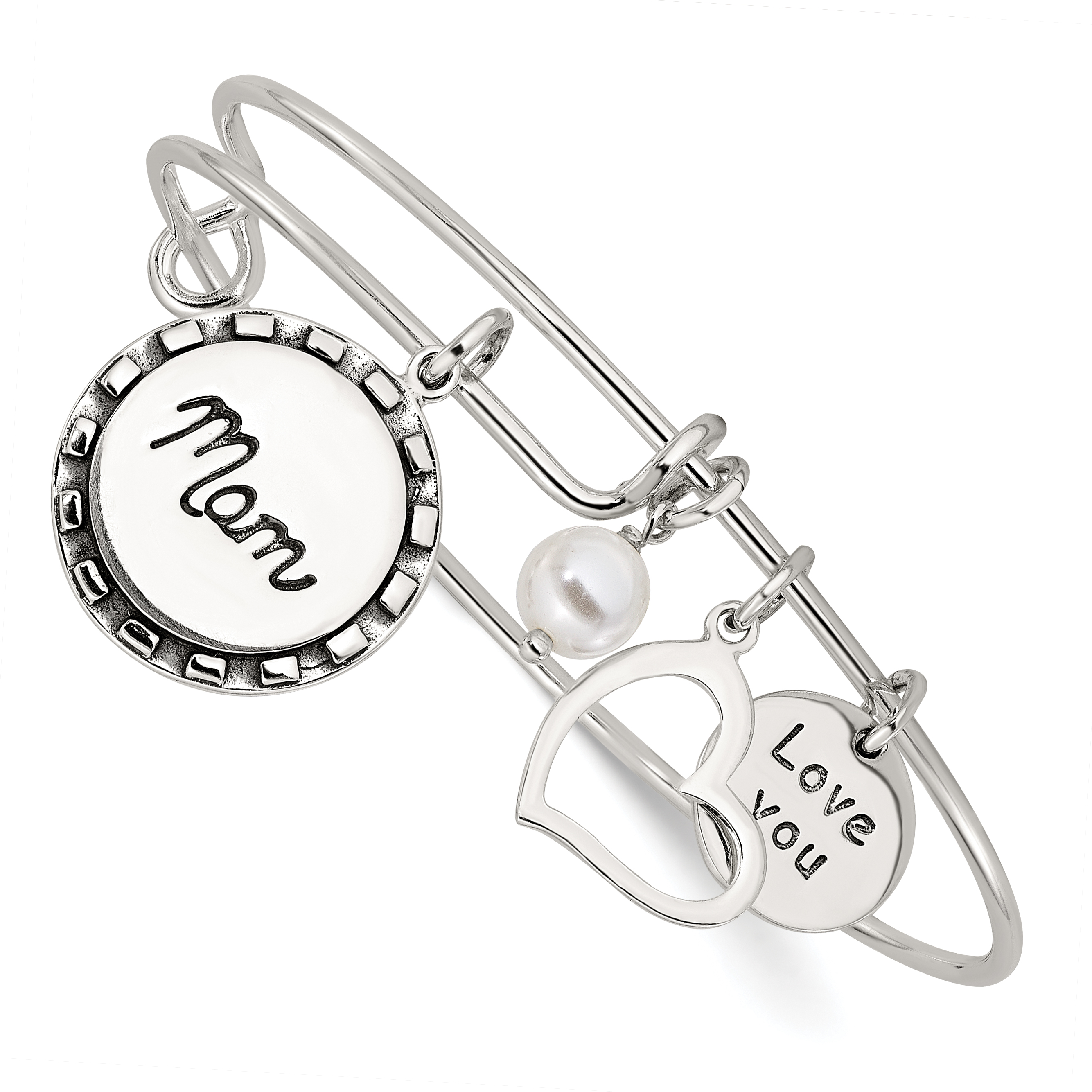 Sterling Silver Antiqued Syn. Pearl Love You Mom Charm Adjustable Bangle (QB1505)