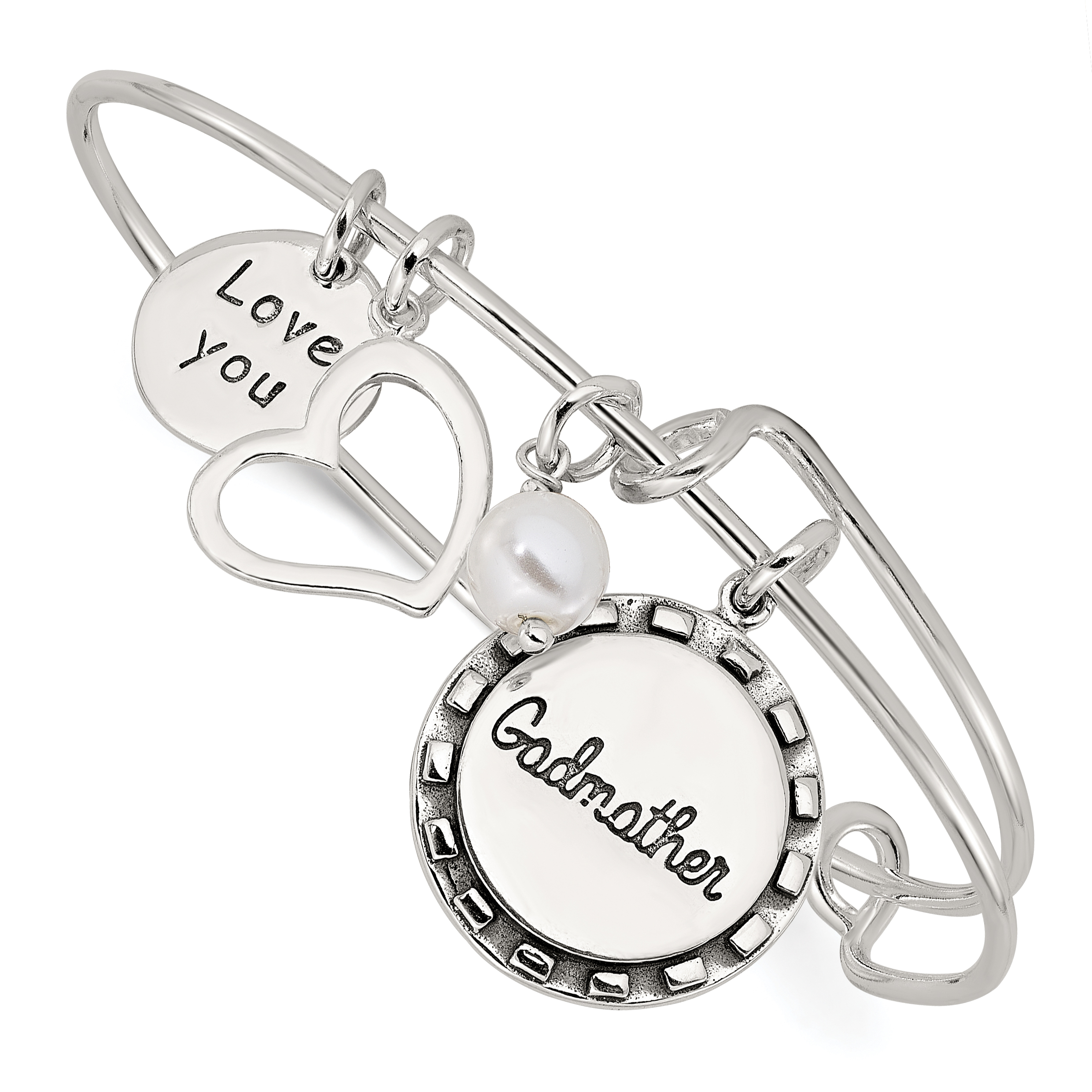 Sterling Silver Antiqued Syn. Pearl Godmother Charm Adjustable Bangle (QB1506)