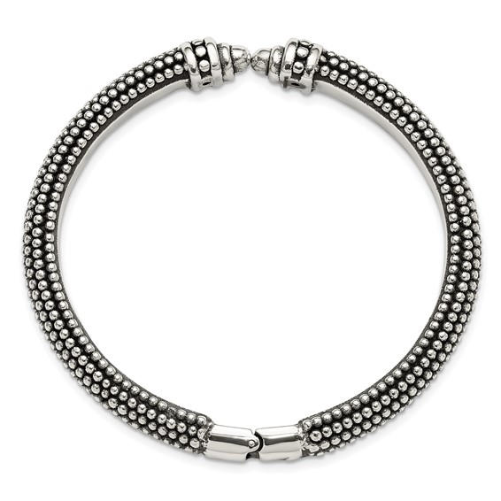 Sterling Silver Polished and Antiqued Beaded Hinged Bangle Bracelet