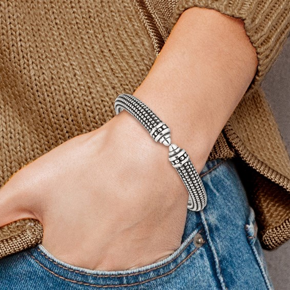 Sterling Silver Polished and Antiqued Beaded Hinged Bangle Bracelet