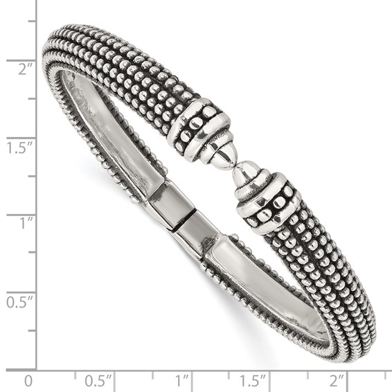 Sterling Silver Polished and Antiqued Beaded Hinged Bangle Bracelet