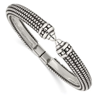 Sterling Silver Polished and Antiqued Beaded Hinged Bangle Bracelet