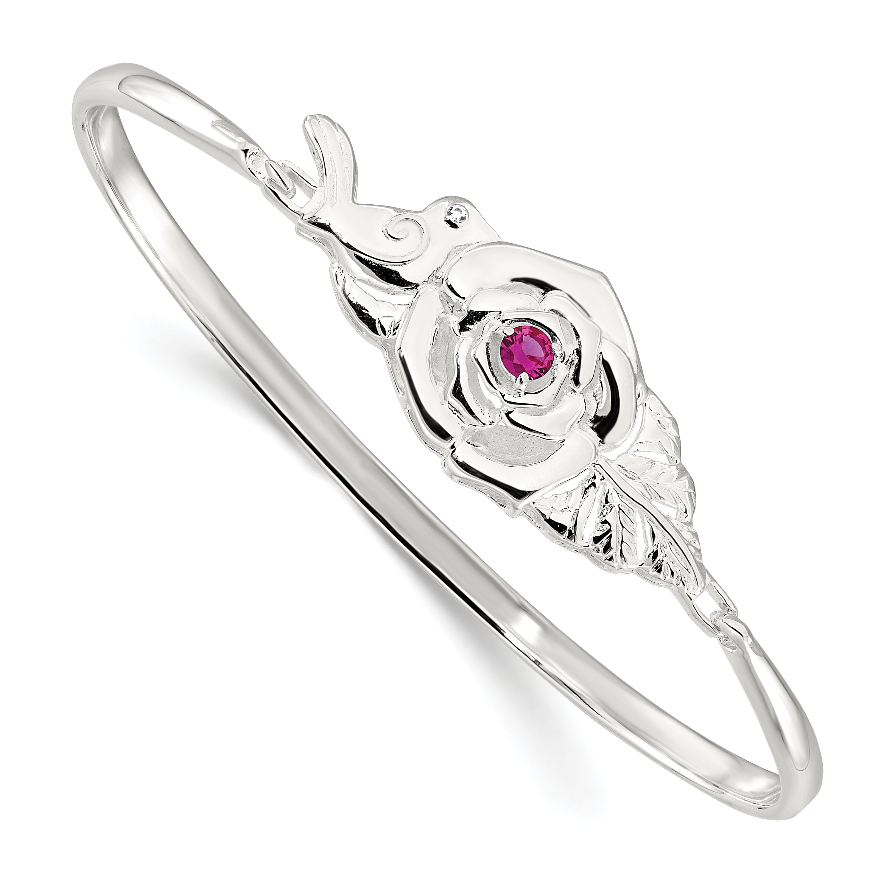 Sterling Silver Polished Red CZ Flower Bird Hook Bangle Bracelet (QB1510)
