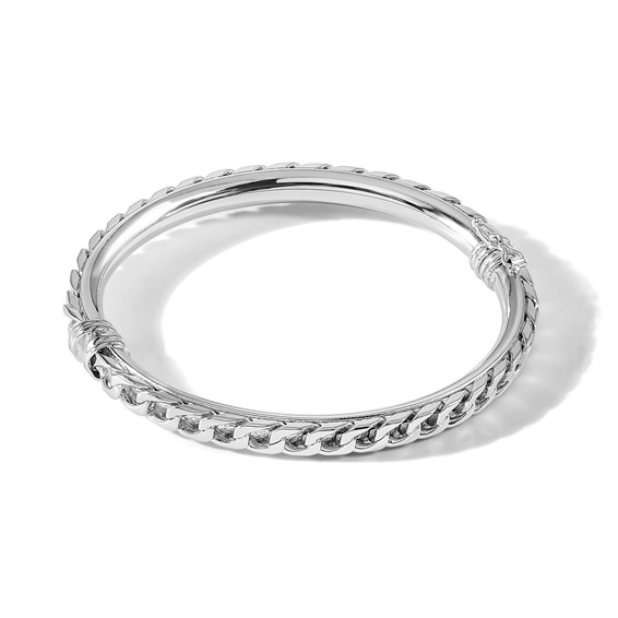 Sterling Silver Polished Rhodium-plated Textured Link Hinged Bangle Bracele