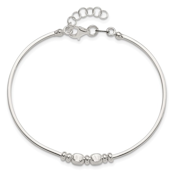 Sterling Silver Rhod-plated Polished Beads w/.75 in ext Bangle Bracelet