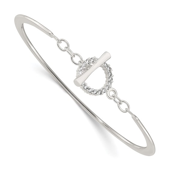 Sterling Silver Polished CZ Toggle Clasp Bangle Bracelet