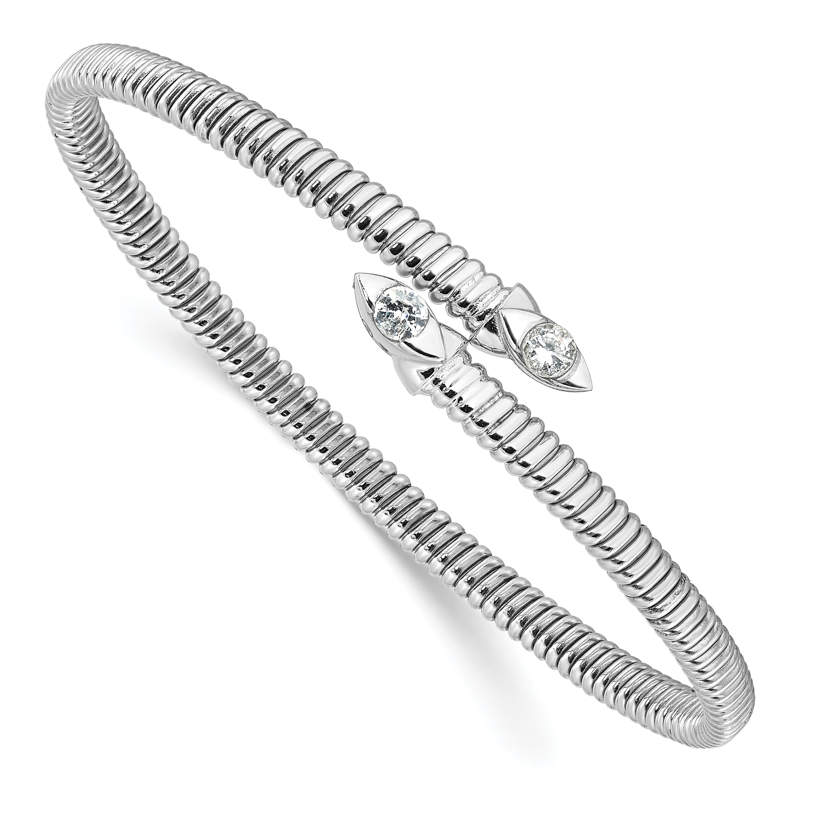 Sterling Silver Rhodium-plated Textured CZ Bypass Cuff Bangle Bracelet (QB1526)