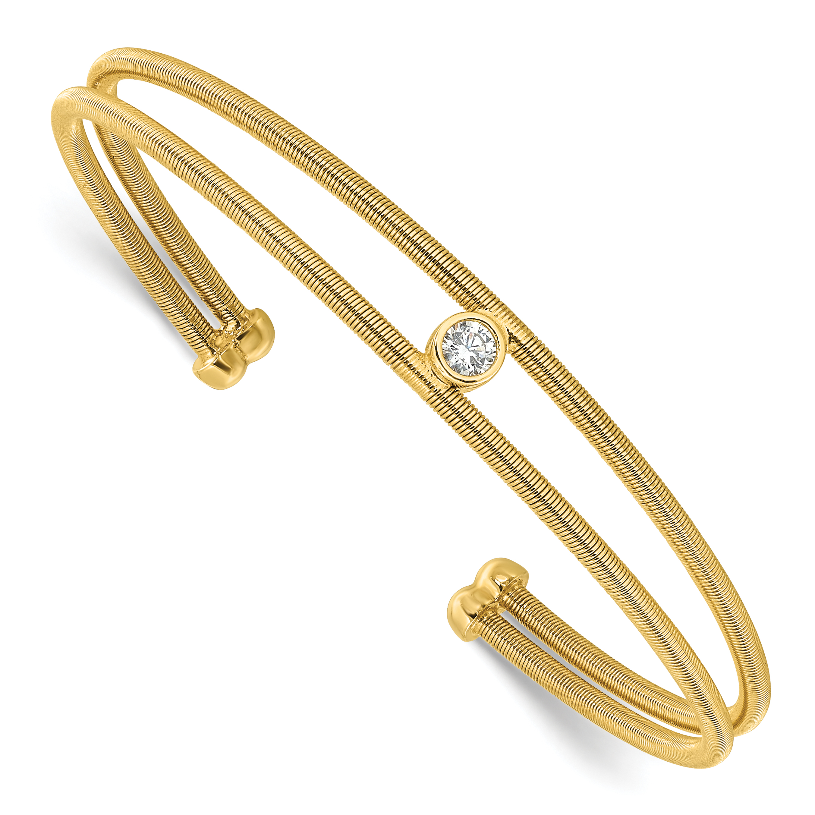 Sterling Silver Polished Gold-tone Textured CZ Two Band Cuff Bracelet (QB1528)