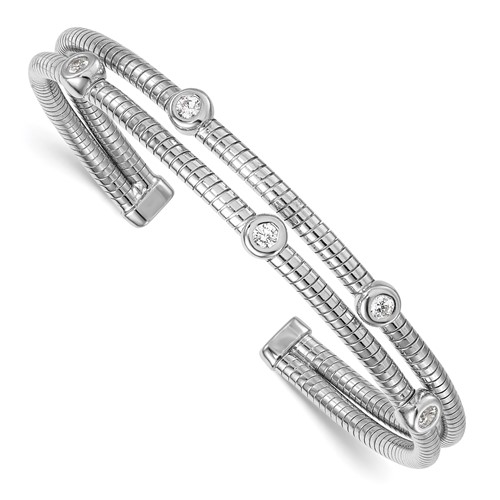 Sterling Silver Rhod-plated Textured CZ Moveable Wrap Bangle Bracelet