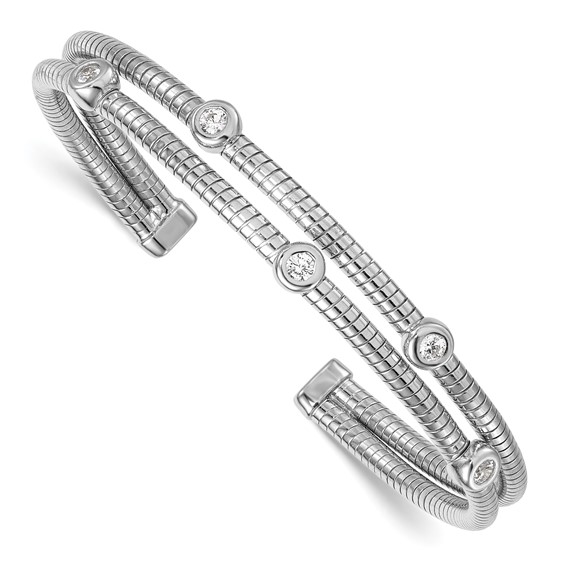 Sterling Silver Rhod-plated Textured CZ Moveable Wrap Bangle Bracelet