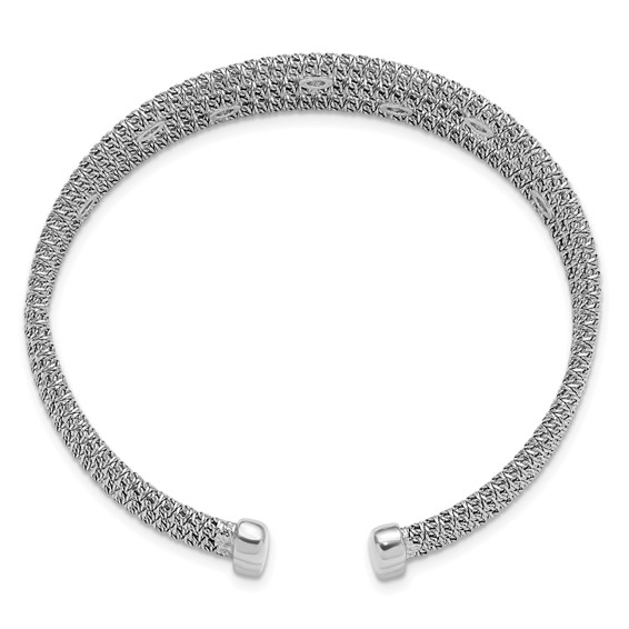 Sterling Silver Polished Rhodium-plated Textured 3 Band CZ Cuff Bracelet