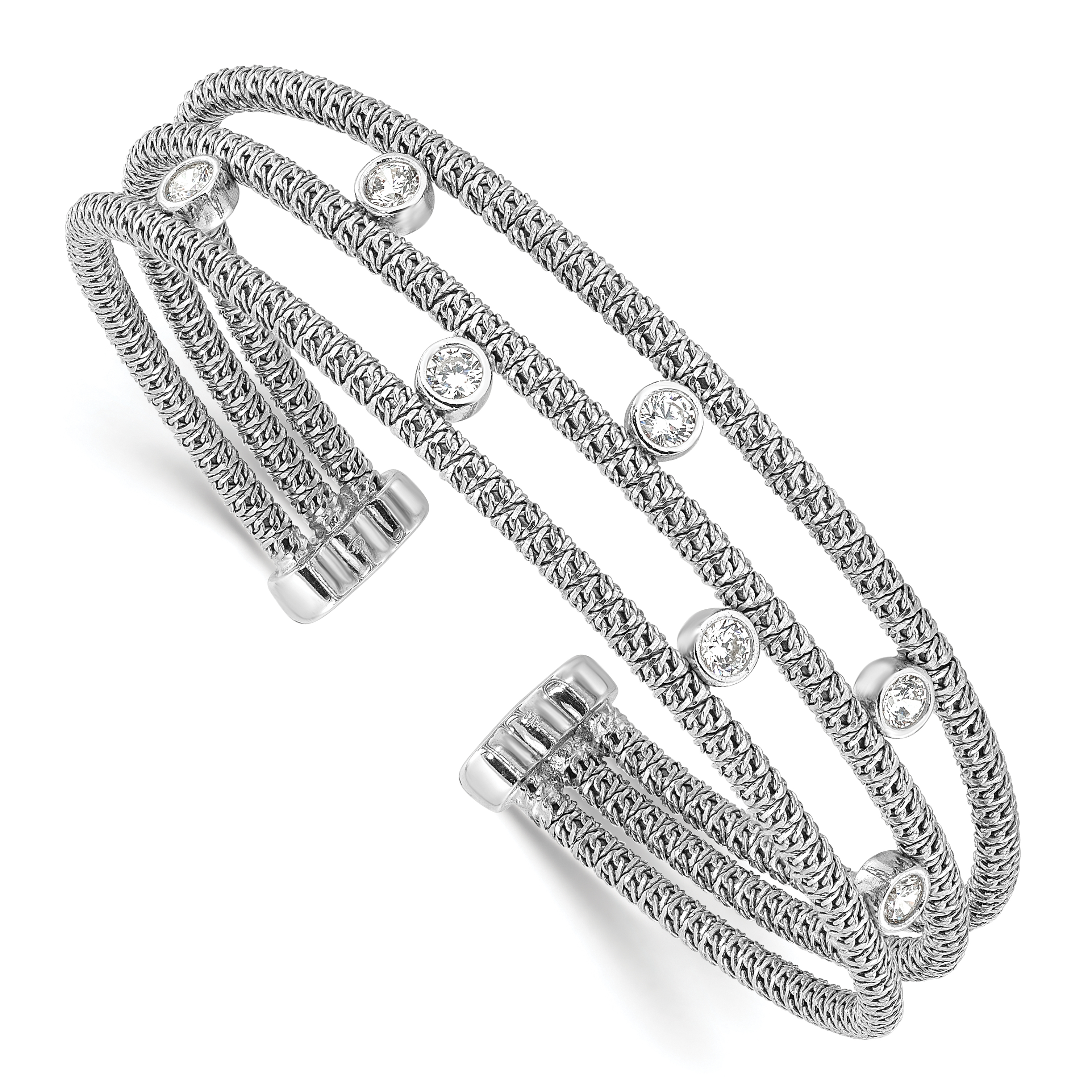 Sterling Silver Polished Rhodium-plated Textured 3 Band CZ Cuff Bracelet (QB1531)