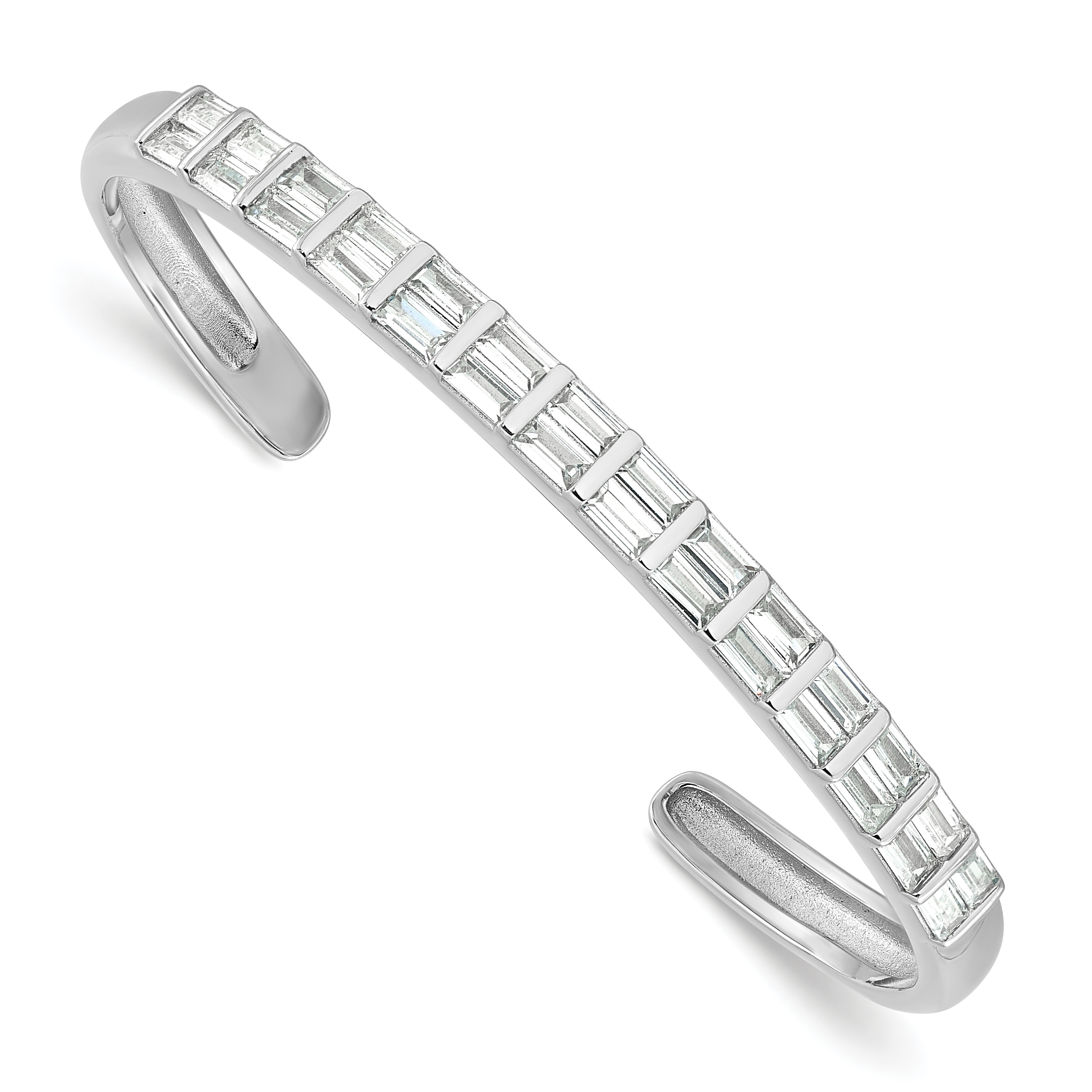 Sterling Silver Rhodium-plated Polished Baguette CZ Cuff Bangle (QB1534)