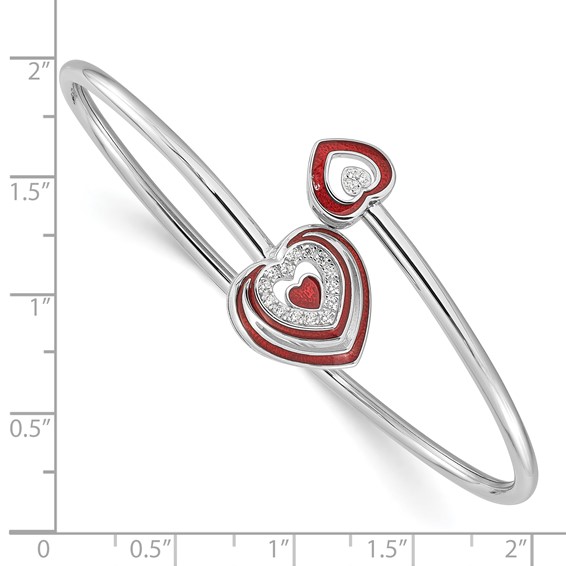 Sterling Silver Rh-plated CZ Red Enamel Heart Flexible Cuff Bangle Bracelet