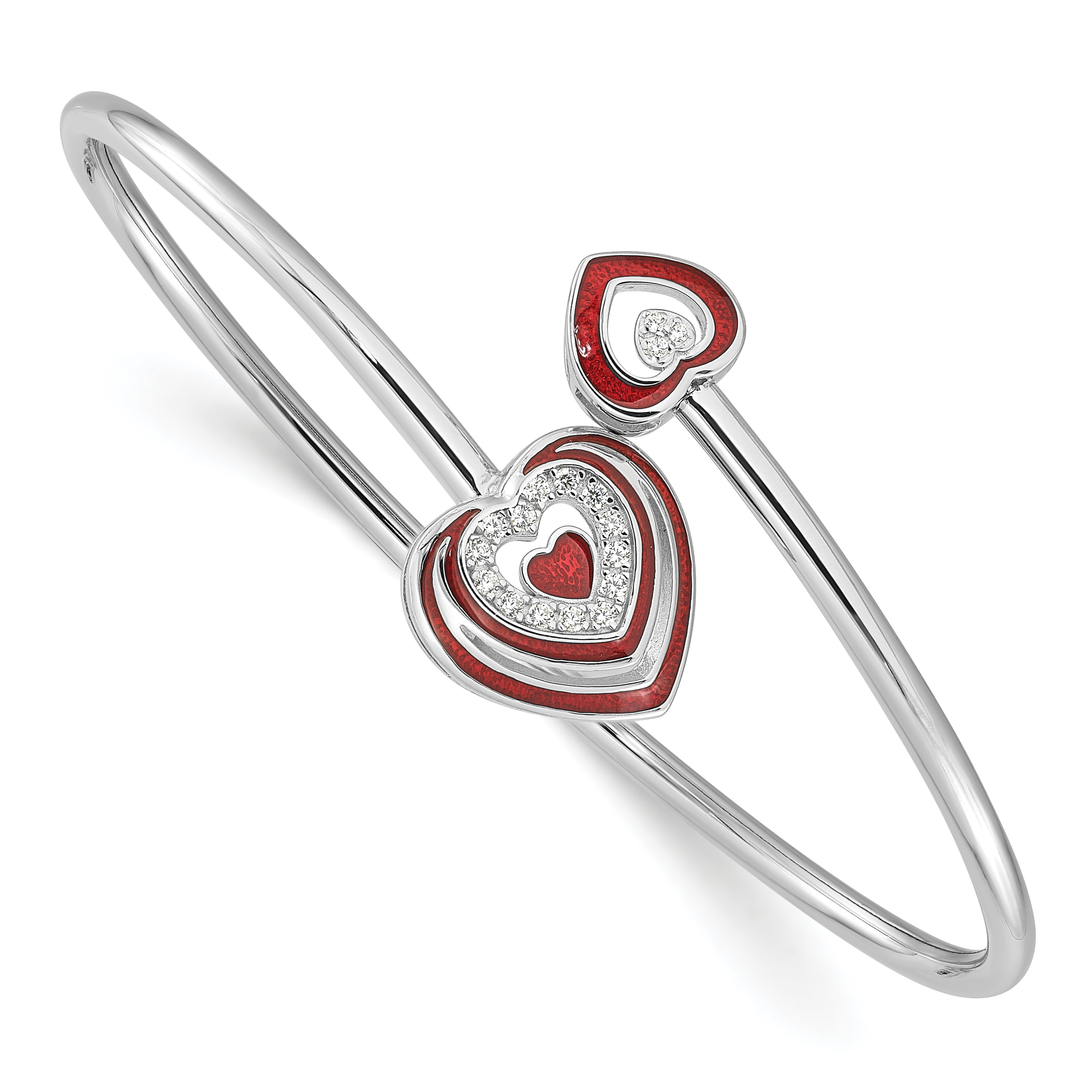 Sterling Silver Rh-plated CZ Red Enamel Heart Flexible Cuff Bangle Bracelet (QB1537)