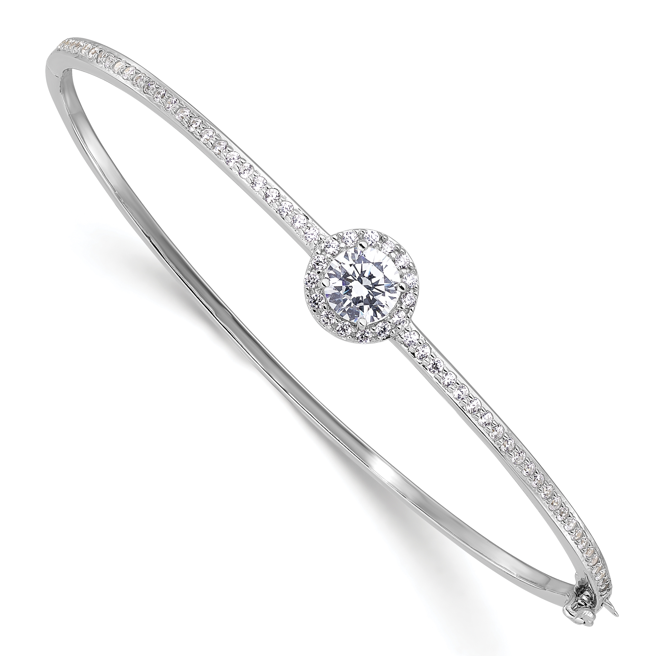 Sterling Silver Rhodium-plated Polished CZ Hinged Bangle Bracelet (QB1542)