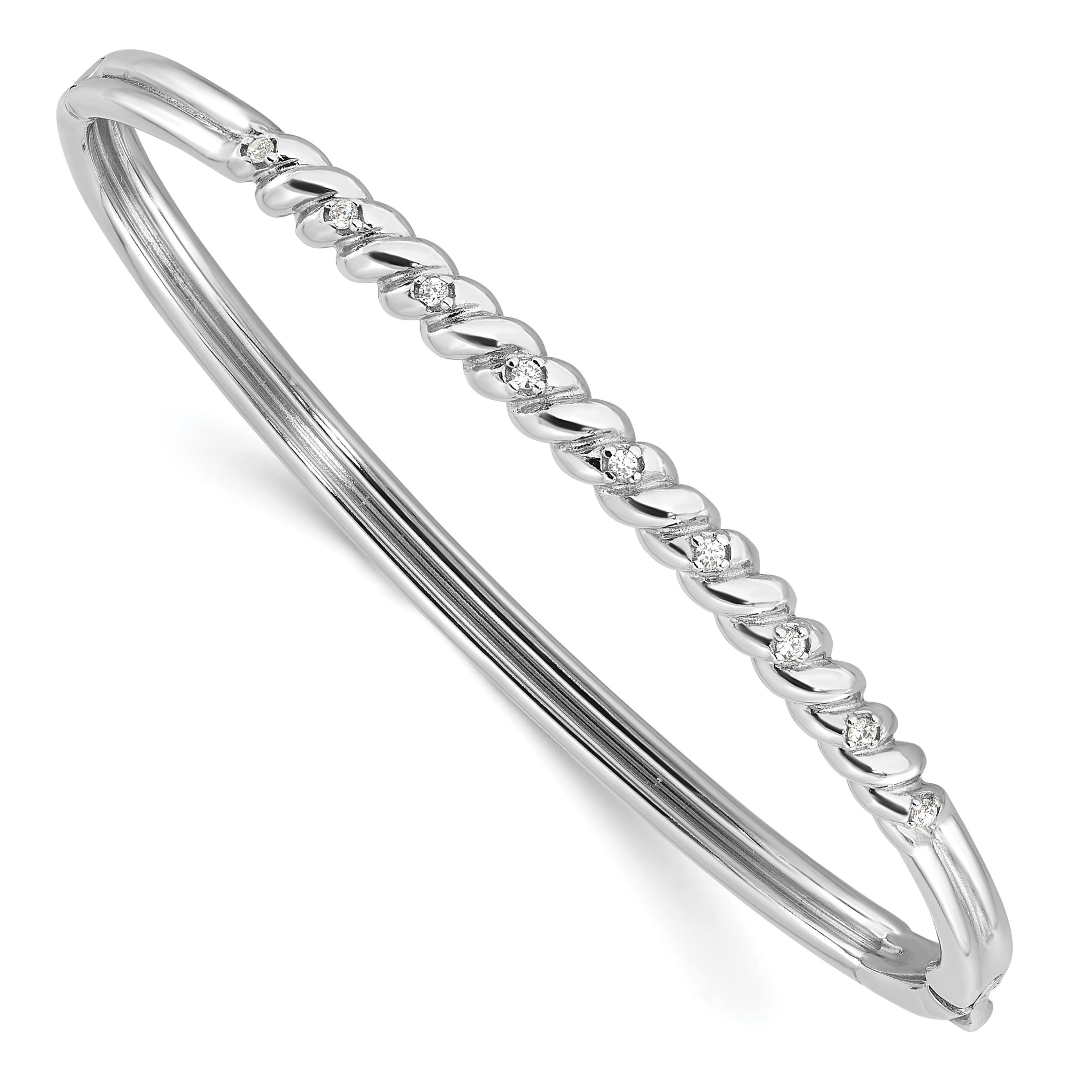 Sterling Silver Rhodium-plated Twist Pattern Hinged CZ Bangle Bracelet (QB1543)